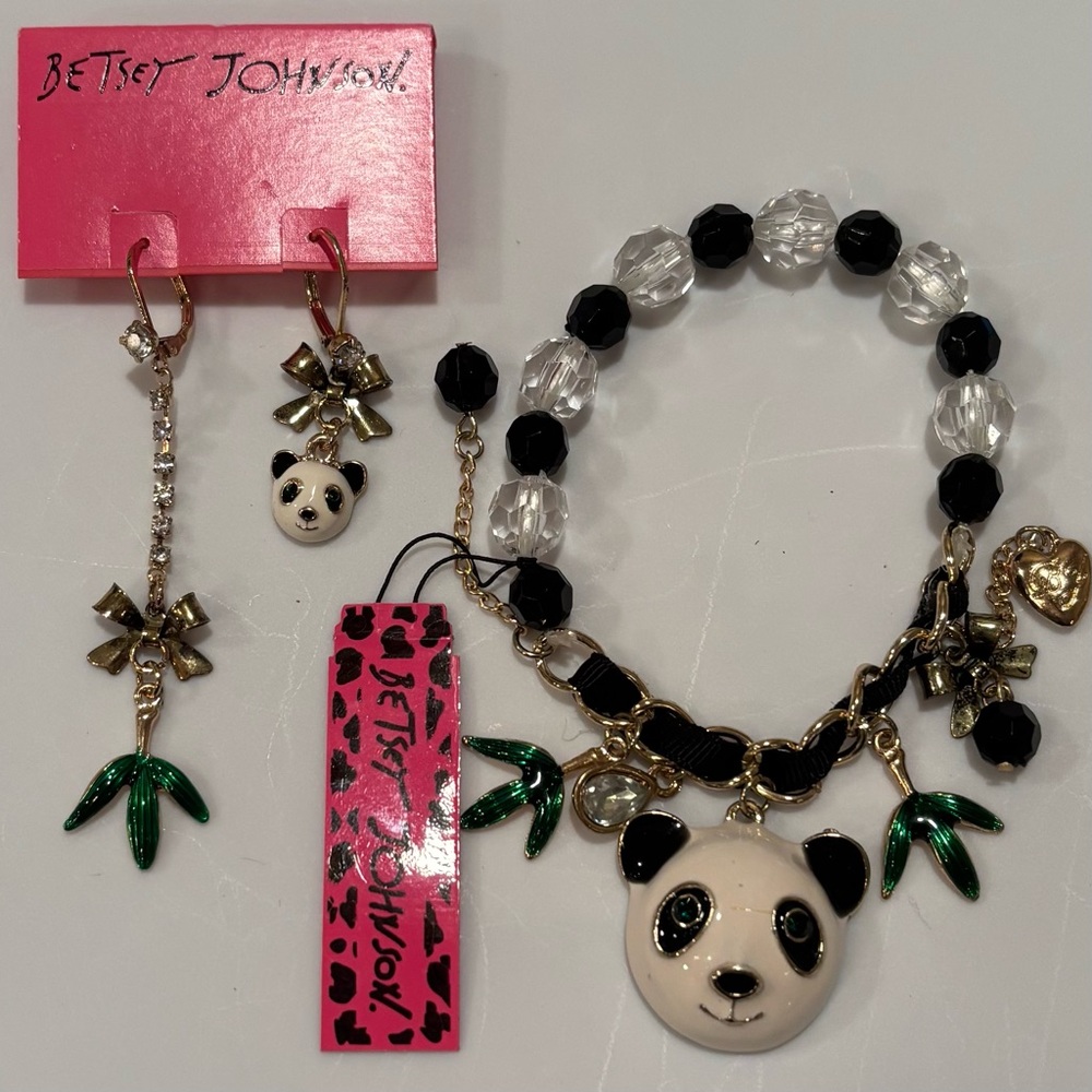 Betsey Johnson panda bear with bamboo and rhinestones bracelet / earrings / NEW
